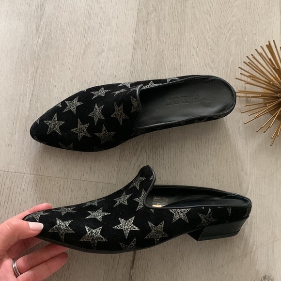 The Flexx Sisley‎ stars print Mules suede leather festive sz 8 1/2 sparkly black - Picture 1 of 12